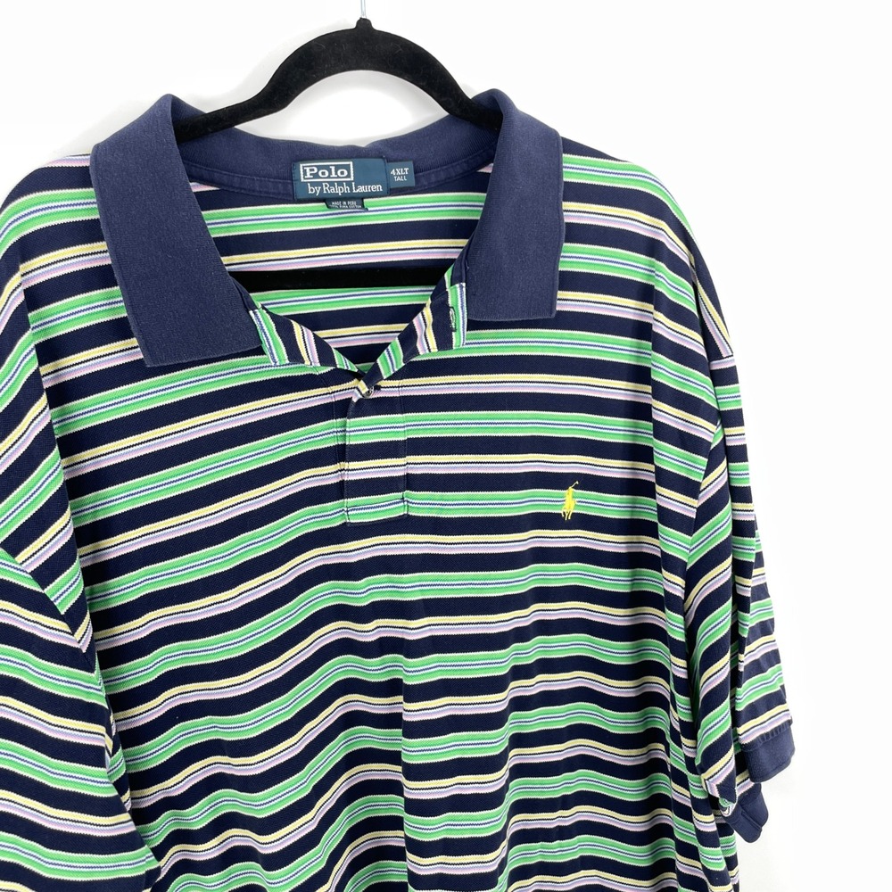 Polo Ralph Lauren Mens 4XLT Tall Striped Pima Cotton Polo Shirt Navy Blue Green